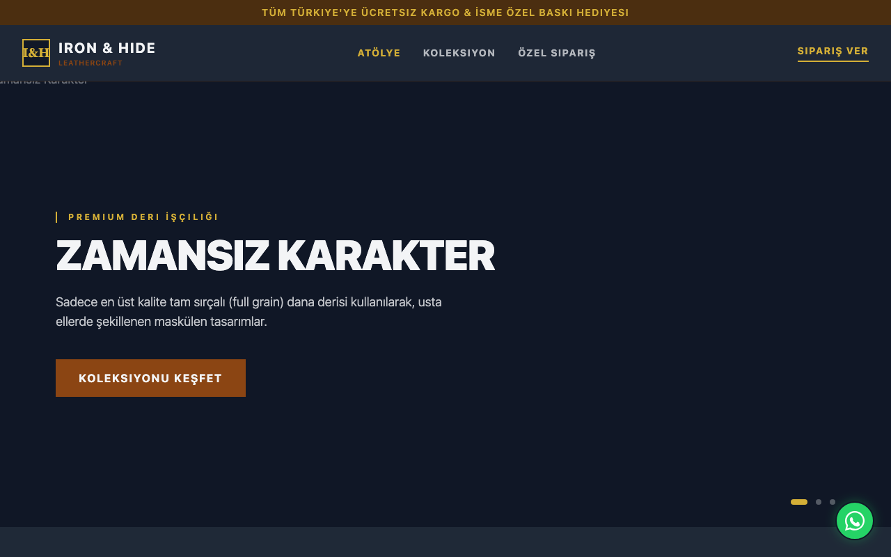 Iron & Hide | El İşçiliği Premium Deri Aksesuarlar web sitesi şablonu