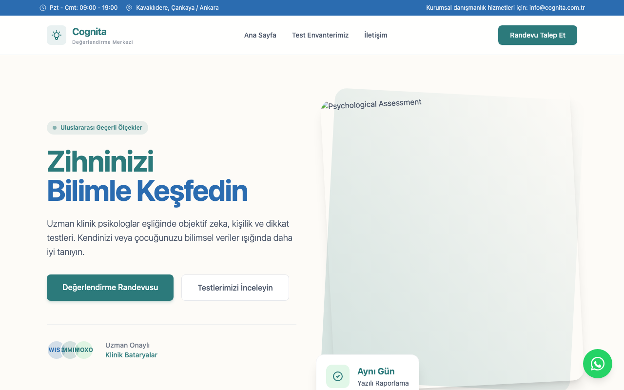 Cognita | Psikolojik Test & Değerlendirme Merkezi web sitesi şablonu
