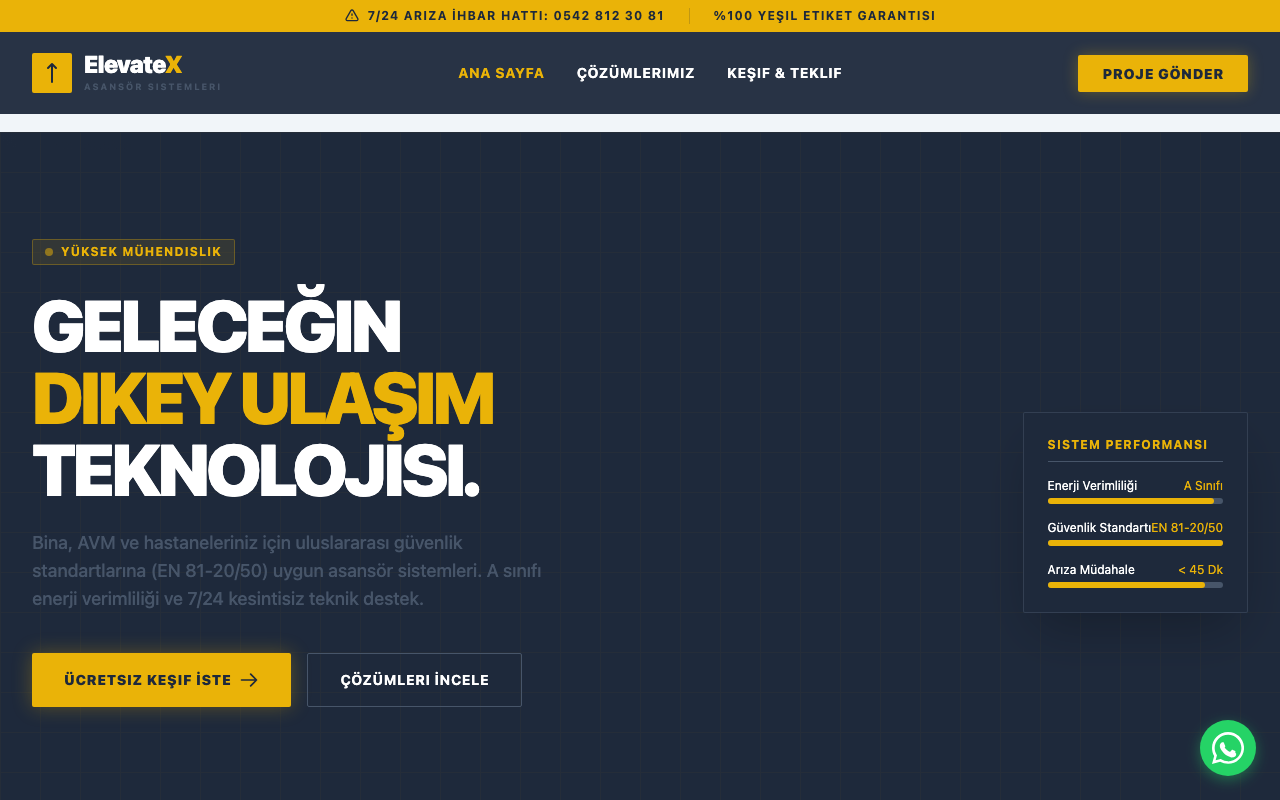 ElevateX | Endüstriyel Asansör Sistemleri web sitesi şablonu