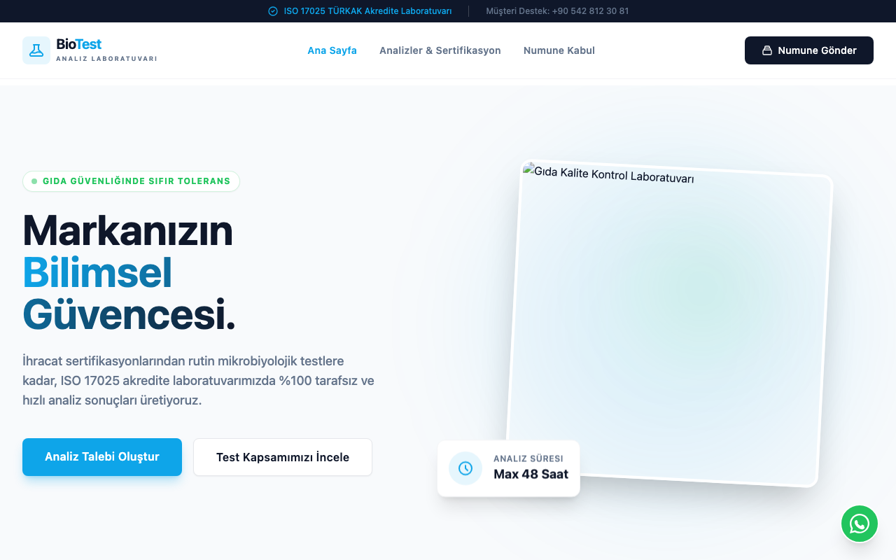 BioTest | Özel Gıda Kalite ve Analiz Laboratuvarı web sitesi şablonu