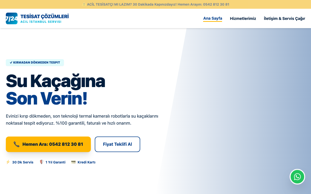 7/24 Tesisat | İstanbul Acil Tesisat Çözümleri web sitesi şablonu