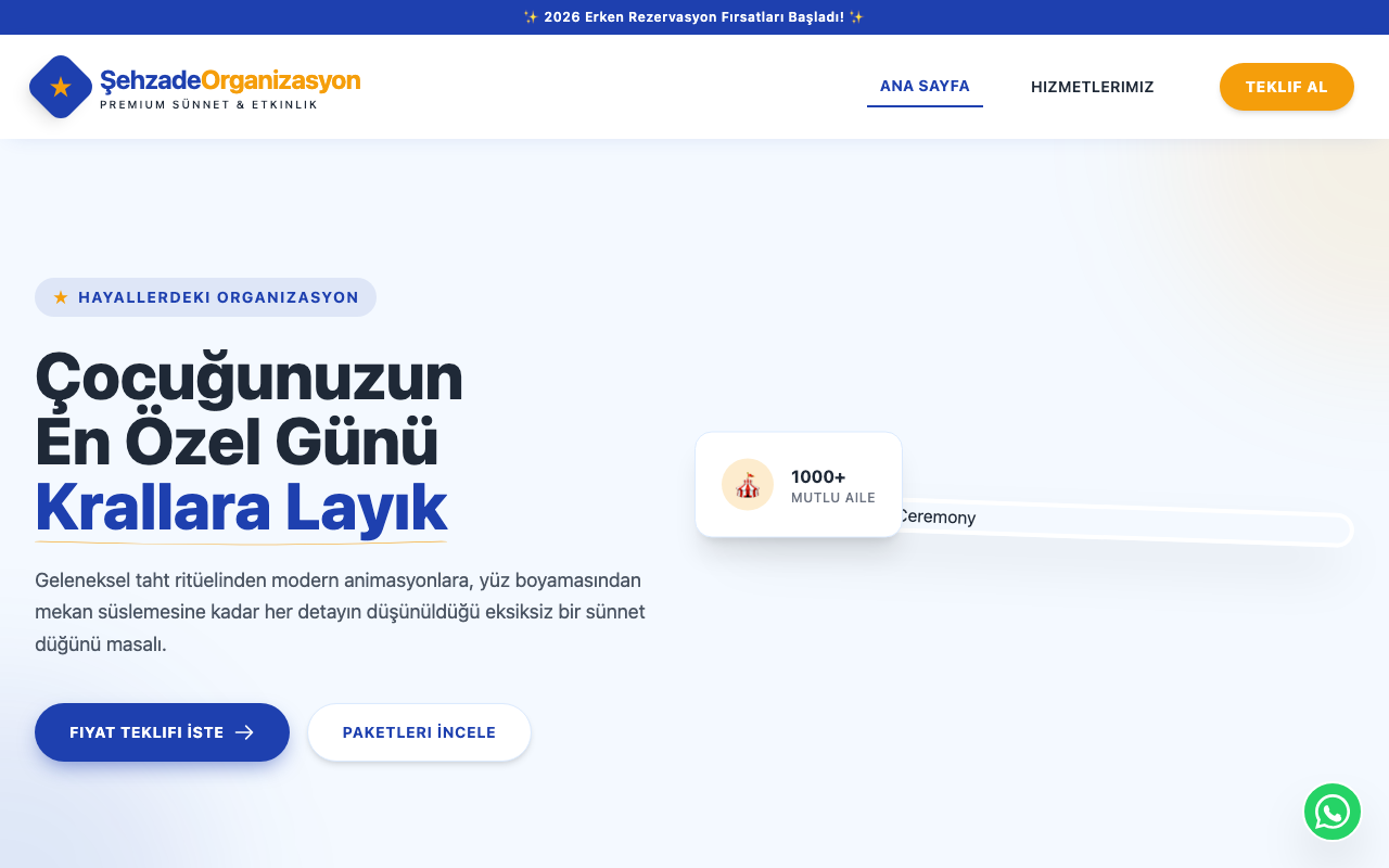 Şehzade Organizasyon | Premium Sünnet Düğünü & Çocuk Etkinlikleri web sitesi şablonu