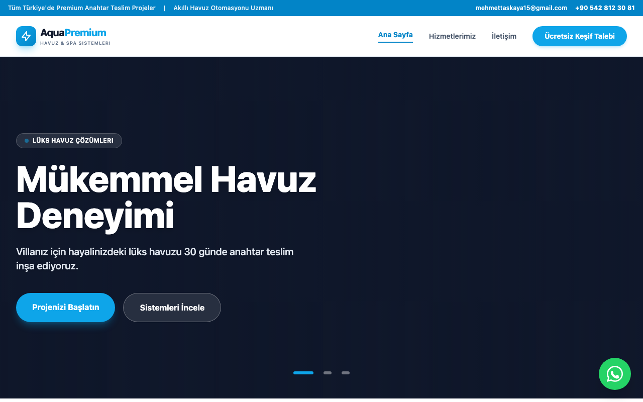 AquaPremium | Lüks Havuz Yapımı & Profesyonel Bakım web sitesi şablonu