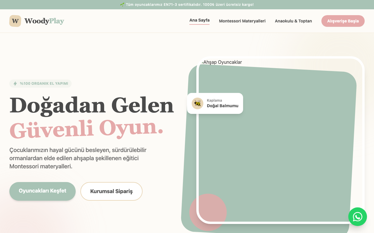 WoodyPlay | El Yapımı Organik Ahşap Oyuncak & Montessori Materyalleri web sitesi şablonu